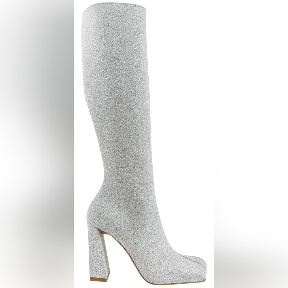 Nib Amina Muaddi Silver Knee-High Women's Boots - Picture 7 of 12